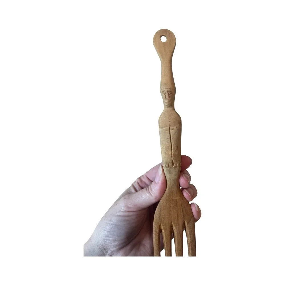 Vintage‎ Hand Carved Wooden Tiki Totem Spoon Fork Set Folk Art Decor MCM